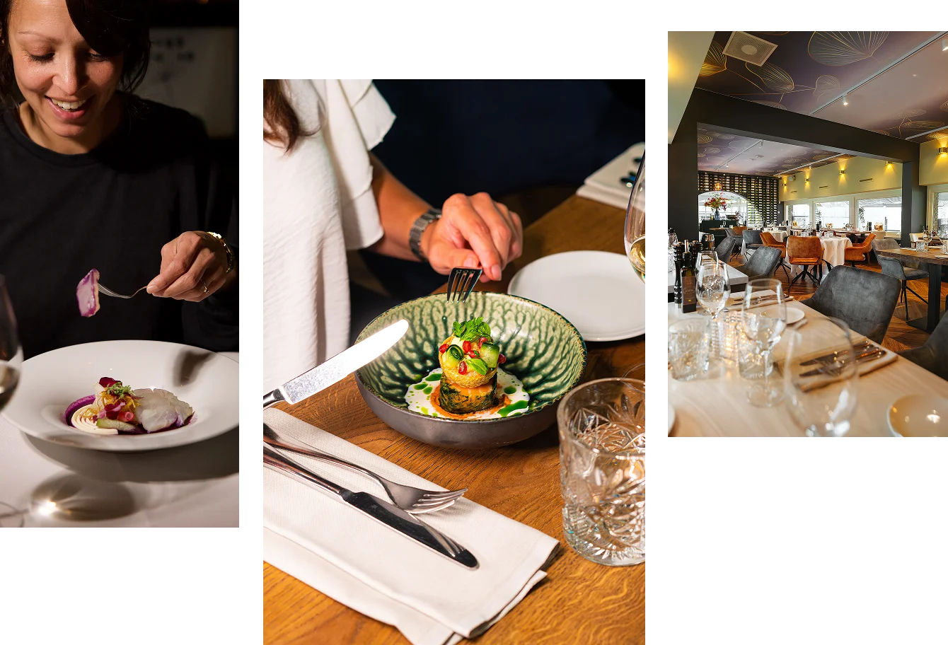 Collage van afbeeldingen waar gegeten wordt bij ons restaurant aa het Wilheminapark